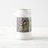 Goudgroen Paarse Mardi Gras Jester Mask Bierpul (Voorkant links)