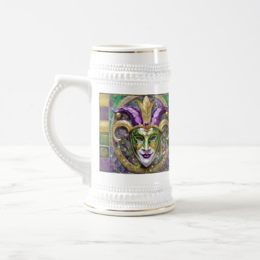 Goudgroen Paarse Mardi Gras Jester Mask Bierpul (Links)