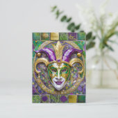Goudgroen Paarse Mardi Gras Jester Mask Briefkaart (Staand voorkant)