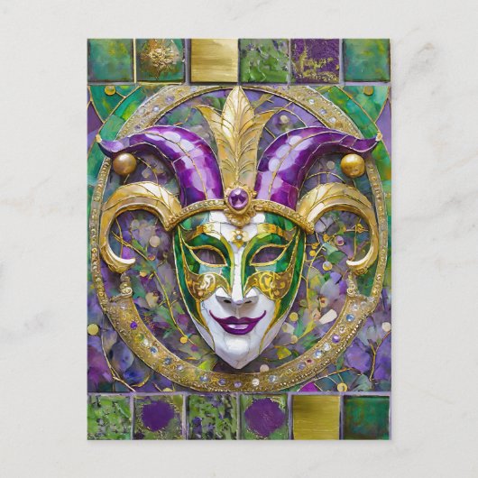 Goudgroen Paarse Mardi Gras Jester Mask Briefkaart (Voorkant)