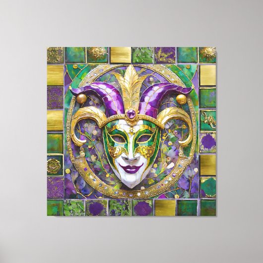 Goudgroen Paarse Mardi Gras Jester Mask Canvas Afdruk (Voorkant)