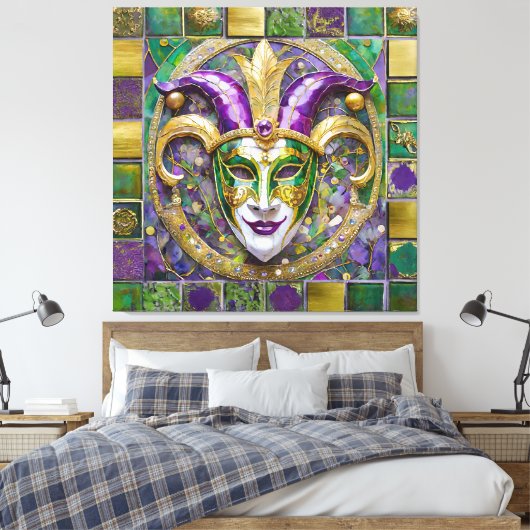 Goudgroen Paarse Mardi Gras Jester Mask Canvas Afdruk (Insitu (Slaapkamer))