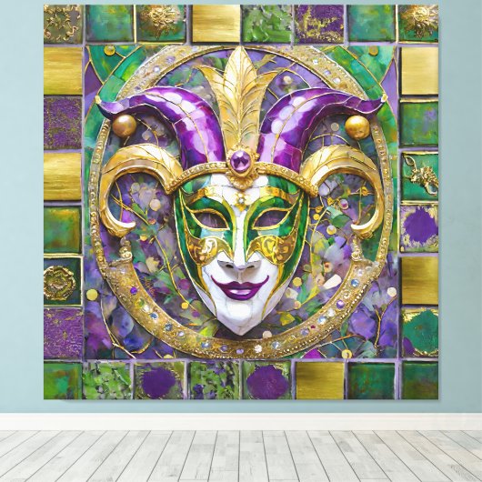Goudgroen Paarse Mardi Gras Jester Mask Canvas Afdruk (Insitu (Houten vloer))