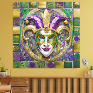 Goudgroen Paarse Mardi Gras Jester Mask Canvas Afdruk
