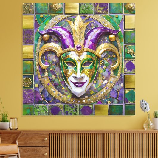Goudgroen Paarse Mardi Gras Jester Mask Canvas Afdruk (Insitu (Woonkamer))