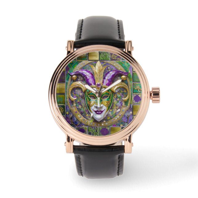 Goudgroen Paarse Mardi Gras Jester Mask Horloge (Voorkant)