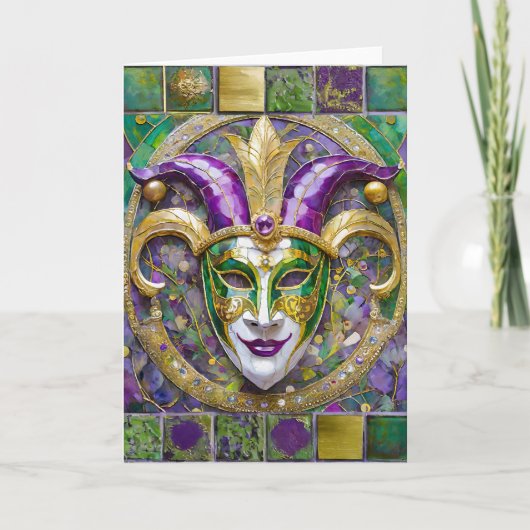 Goudgroen Paarse Mardi Gras Jester Mask Kaart (Voorkant)