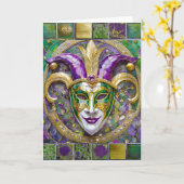 Goudgroen Paarse Mardi Gras Jester Mask Kaart (Gele Bloem)