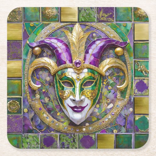 Goudgroen Paarse Mardi Gras Jester Mask Kartonnen Onderzetters (Voorkant)