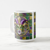 Goudgroen Paarse Mardi Gras Jester Mask Koffiemok (Voorkant links)