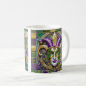 Goudgroen Paarse Mardi Gras Jester Mask Koffiemok (Voorkant rechts)