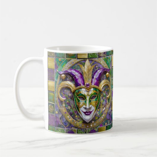 Goudgroen Paarse Mardi Gras Jester Mask Koffiemok (Links)