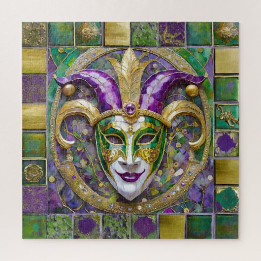 Goudgroen Paarse Mardi Gras Jester Mask Legpuzzel (Verticaal)