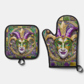 Goudgroen Paarse Mardi Gras Jester Mask Ovenwant & Pannenlap Set (Voorkant)