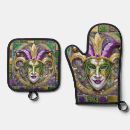 Goudgroen Paarse Mardi Gras Jester Mask Ovenwant & Pannenlap Set