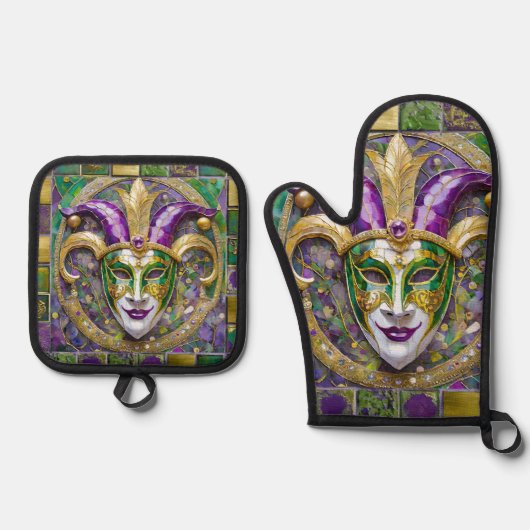 Goudgroen Paarse Mardi Gras Jester Mask Ovenwant & Pannenlap Set (Voorkant)