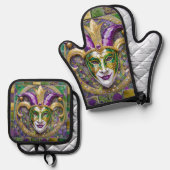 Goudgroen Paarse Mardi Gras Jester Mask Ovenwant & Pannenlap Set (Voorkant / Achterkant)