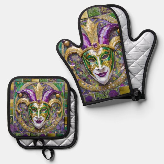 Goudgroen Paarse Mardi Gras Jester Mask Ovenwant & Pannenlap Set (Voorkant / Achterkant)