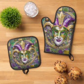 Goudgroen Paarse Mardi Gras Jester Mask Ovenwant & Pannenlap Set (Top down)