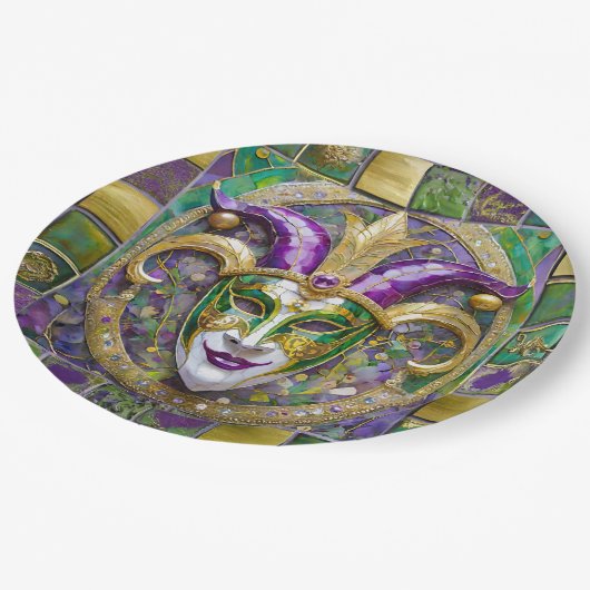 Goudgroen Paarse Mardi Gras Jester Mask Papieren Bordje (Gekanteld)