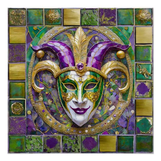 Goudgroen Paarse Mardi Gras Jester Mask Perfect Poster (Voorkant)