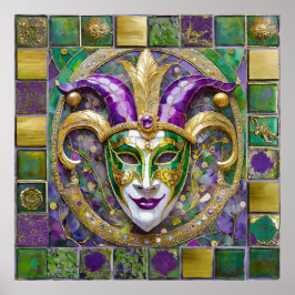 Goudgroen Paarse Mardi Gras Jester Mask Poster