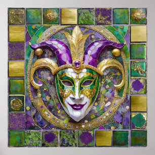 Goudgroen Paarse Mardi Gras Jester Mask Poster