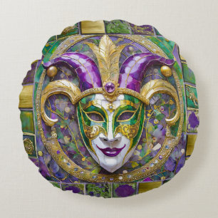 Goudgroen Paarse Mardi Gras Jester Mask Rond Kussen