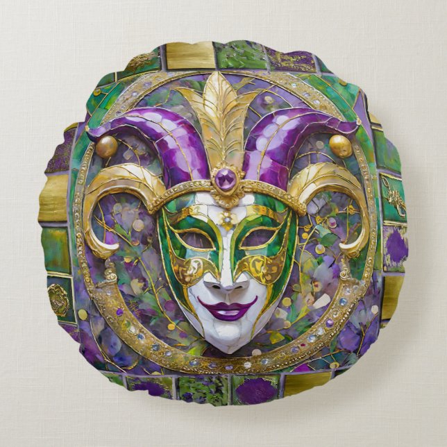 Goudgroen Paarse Mardi Gras Jester Mask Rond Kussen (Voorkant)