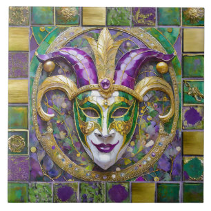 Goudgroen Paarse Mardi Gras Jester Mask Tegeltje