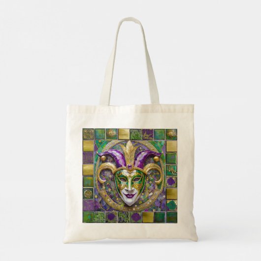 Goudgroen Paarse Mardi Gras Jester Mask Tote Bag (Achterkant)