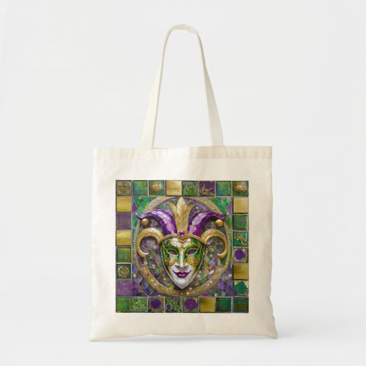 Goudgroen Paarse Mardi Gras Jester Mask Tote Bag (Voorkant)