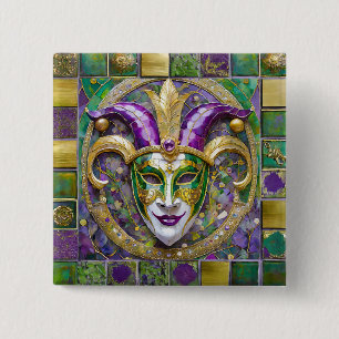 Goudgroen Paarse Mardi Gras Jester Mask Vierkante Button 5,1 Cm