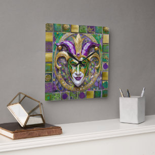 Goudgroen Paarse Mardi Gras Jester Mask Vierkante Klok