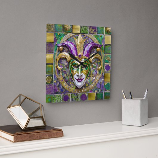 Goudgroen Paarse Mardi Gras Jester Mask Vierkante Klok (Kantoor)