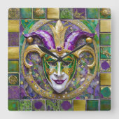 Goudgroen Paarse Mardi Gras Jester Mask Vierkante Klok (Voorkant)