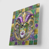 Goudgroen Paarse Mardi Gras Jester Mask Vierkante Klok (Hoek)