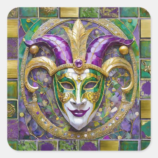 Goudgroen Paarse Mardi Gras Jester Mask Vierkante Sticker (Voorkant)