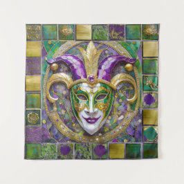 Goudgroen Paarse Mardi Gras Jester Mask Wandkleed