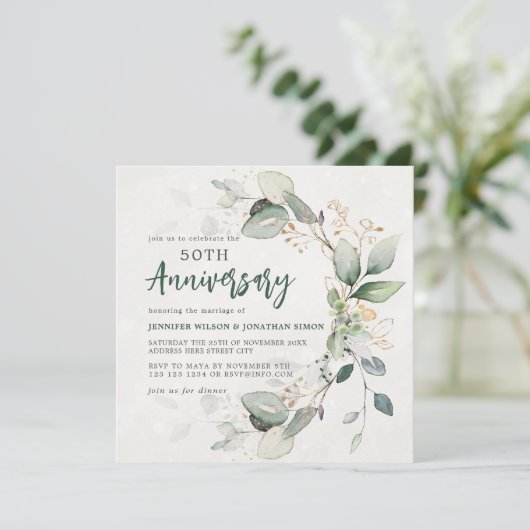 Goudgroene Eucalyptus 50ste bruiloft Jubileum Save The Date (Staand voorkant)