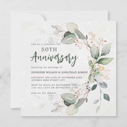 Goudgroene Eucalyptus 50ste bruiloft Jubileum Save The Date (Voorkant)