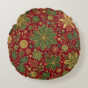 Goudgroene hulst kerst botanische vintage rond kussen
