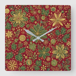 Goudgroene hulst kerst botanische vintage vierkante klok