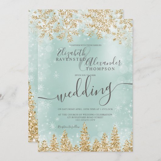Goudgroene sneeuw met kerstwinter bruiloft kaart (Voorkant / Achterkant)