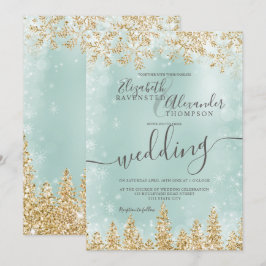 Goudgroene sneeuw met kerstwinter bruiloft kaart