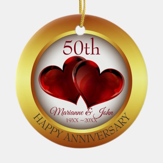 Goudharen en rode harten keramisch ornament (Voorkant)