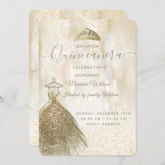 Goudharsen kleden bokeh tiara Quinceañera Kaart (Voorkant / Achterkant)