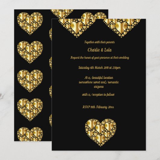 Goudharten trouwuitnodigingen zwarte achtergrond kaart (Voorkant / Achterkant)