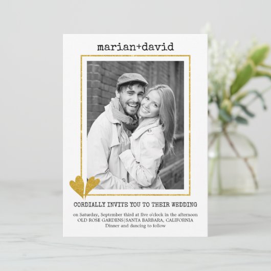 Goudhartig moderne typemachine bruiloft foto kaart (Staand voorkant)