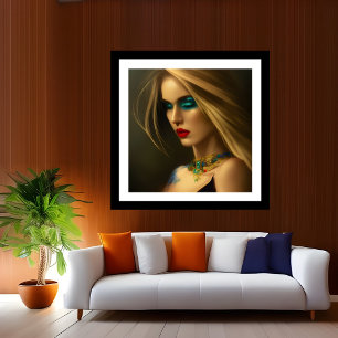Goudjuwelen bronzen Blonde vrouwen blauw donkerfan Poster